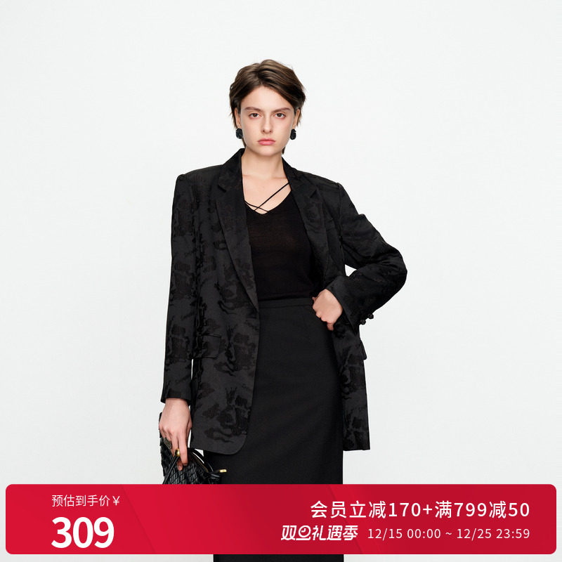 婉甸黑色提花西装外套中式