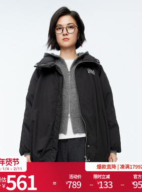 婉甸2025年冬季新品黑色中长款连帽女外套羽绒服1244D38GS3