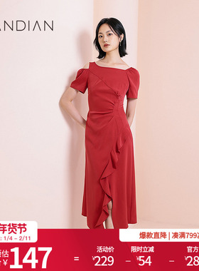婉甸正红色短袖连衣裙夏季新显瘦开叉荷叶边不规则抽皱1232N31RJC