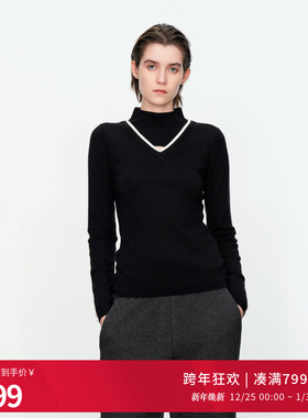 婉甸秋季黑色修身内搭打底中高领长袖毛织套头衫