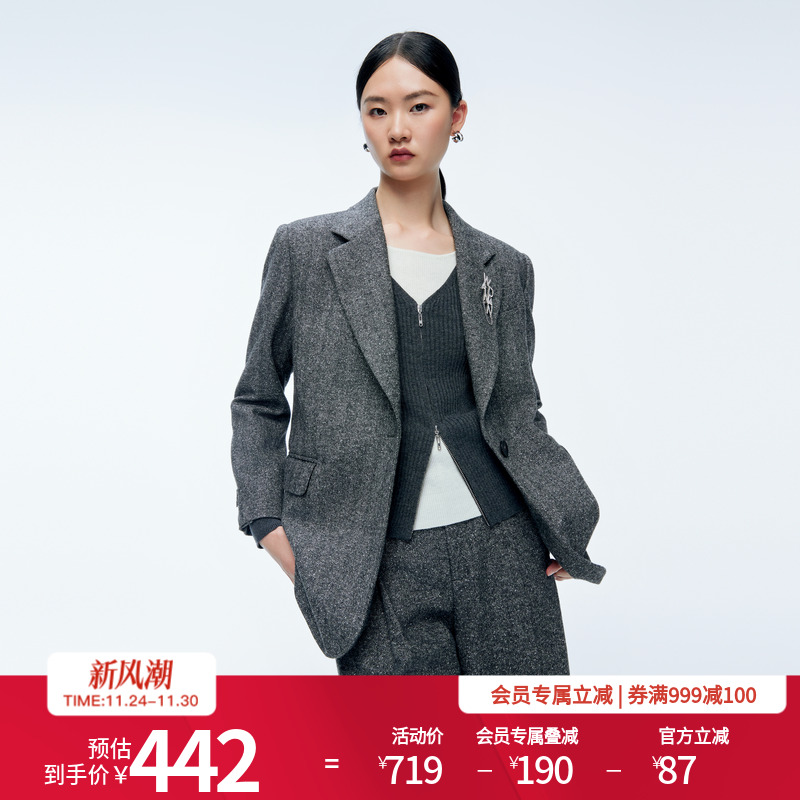 婉甸2025年冬季新品杂花灰提花复古阔版西装外套1244Q02GS1