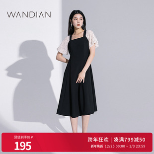 法式 新品 赫本风小黑裙方领1232N30RJ3 连衣裙夏季 婉甸黑色拼接短袖