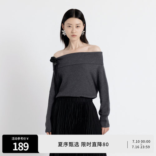 婉甸秋季岩石灰长袖毛织露肩上衣时尚套头衫1243W16DM4