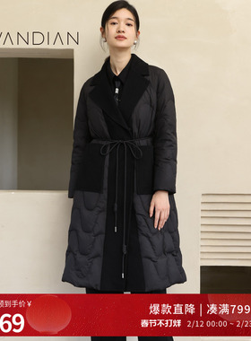 婉甸冬季黑色长款绗缝中长款女系腰带双面呢羽绒服1234D21RX3