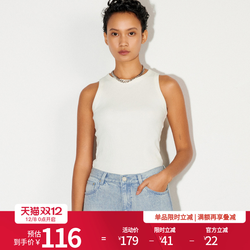 婉甸25新品胡桃色无奶油白袖上衣修身削肩工字背心MBD1G01CFXA0