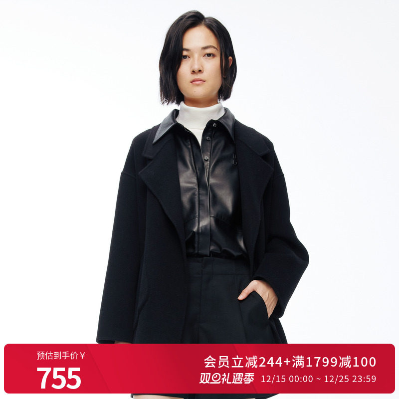 【100%绵羊毛】婉甸2025年冬季新品黑色羊毛双面呢外套1244E08DM2