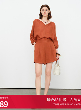 婉甸2026夏季新品雅丹橘两件套短裤泡泡袖宽松通勤套装1252L04RS2