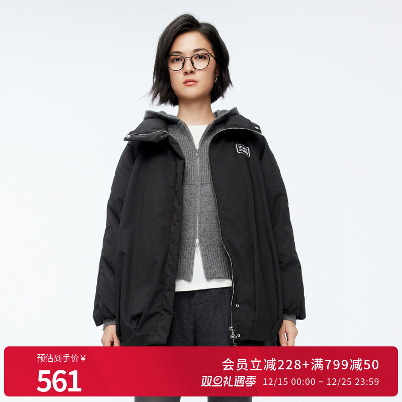 婉甸2025年冬季新品黑色中长款连帽女外套羽绒服1244D38GS3
