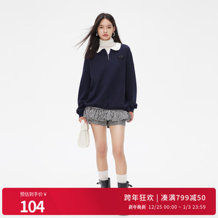 婉甸2025年秋新品 卫衣女MBC3Y03BLX 休闲娃娃领空气层撞色宽松长袖