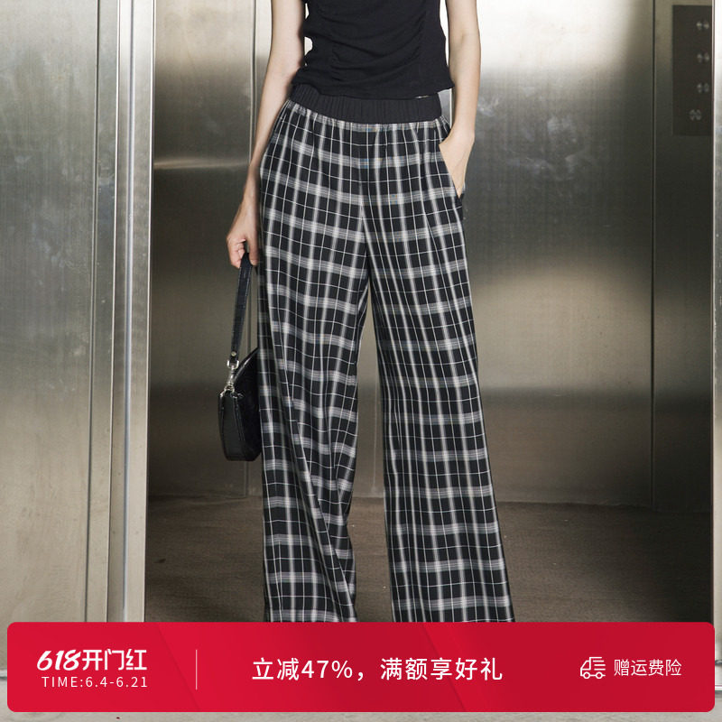 婉甸夏季黑色格形阔腿裤长款休闲裤1242P03SX1
