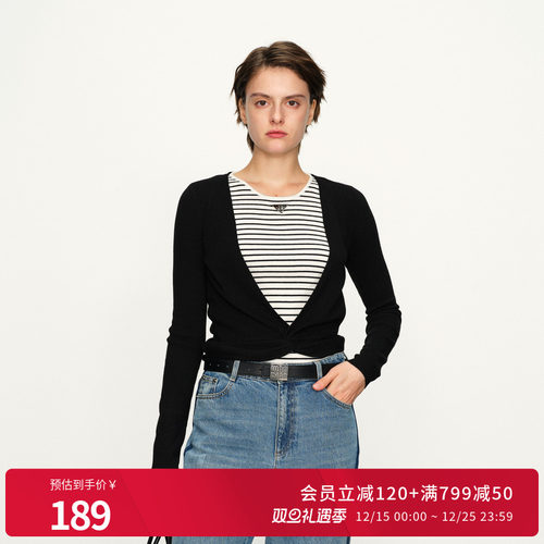 婉甸黑色假两件毛织套头衫