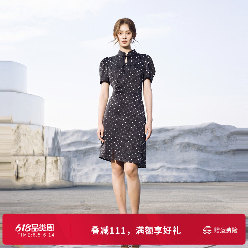 婉甸夏季黑白小波点旗袍式连衣裙1242N28RS3