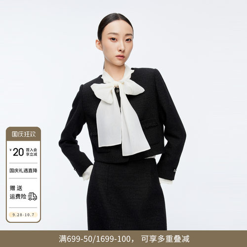 婉甸冬季黑色粗花呢小香风西装毛呢短外套1244E03JN1