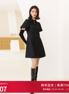 婉甸2025黑色长袖连衣裙新中式旗袍裙1241N09SJ2YX