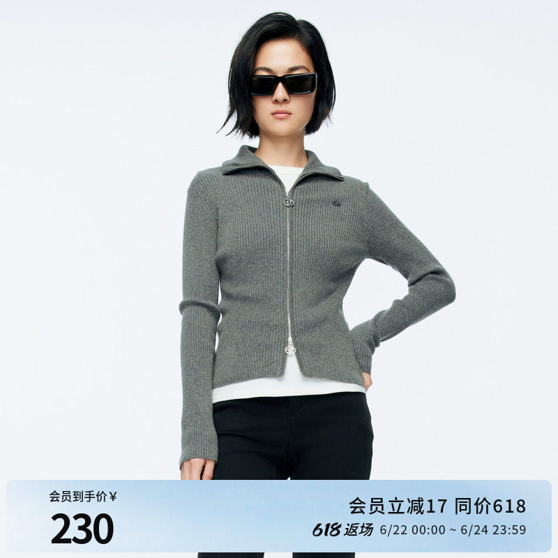 婉甸冬季灰黑粉三色毛织拉链针织开衫上衣女1244W30GS3