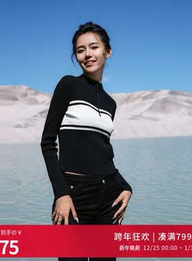 婉甸2025黑色半拉链长袖毛织套头衫百搭针织衫1241W03XJ1