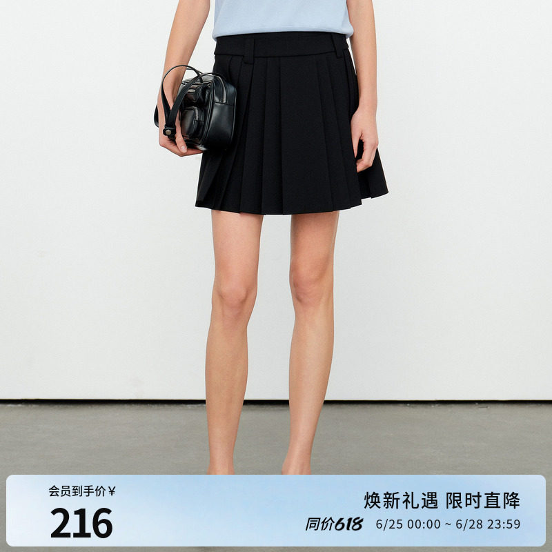 婉甸2026夏季新品黑色压褶短裙百褶裙修身型中腰半身裙1252K02ST1