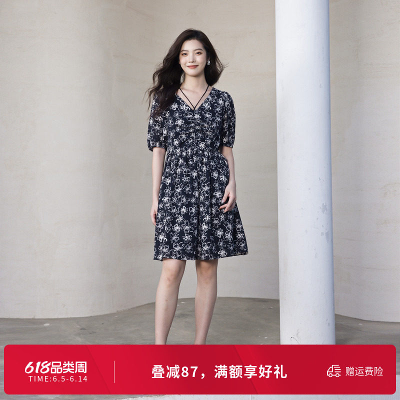 婉甸夏季黑白蝴蝶花连衣裙1242N09RS2