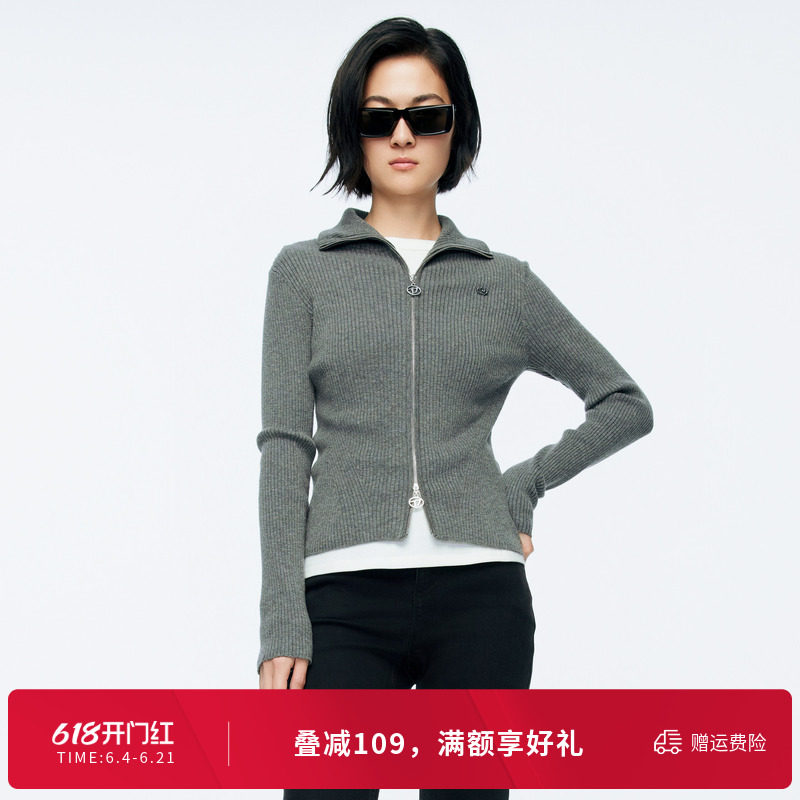 婉甸冬季灰黑粉三色毛织拉链针织开衫上衣女1244W30GS3
