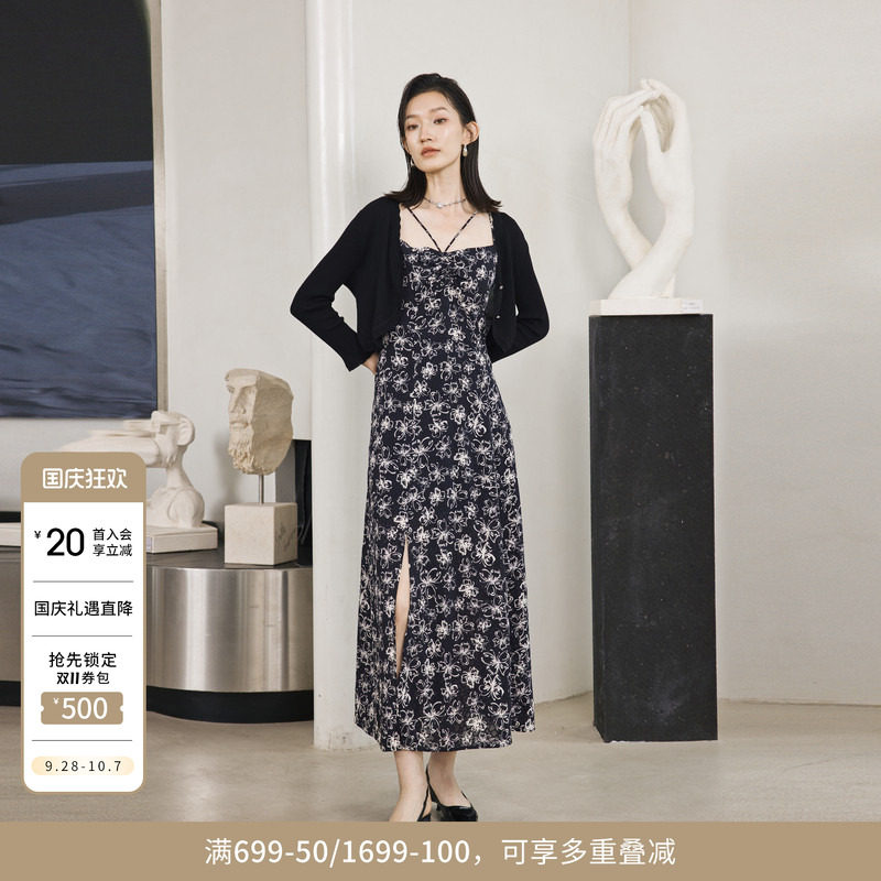 婉甸夏季黑白蝴蝶花吊带连衣裙1242N08RS2图片