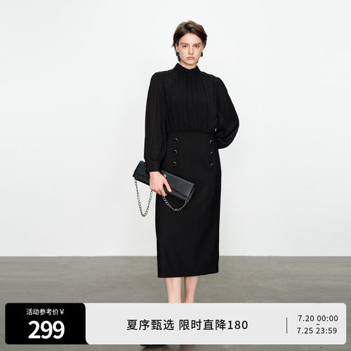 婉甸黑色长袖连衣裙假两件