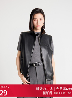 婉甸2025年秋季新品耀石黑毛织皮马夹polo领无袖外套女1243V03GL2