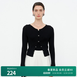 婉甸2026夏季新品黑色圆领毛织长袖针织修身开衫上衣女1252W07ST1