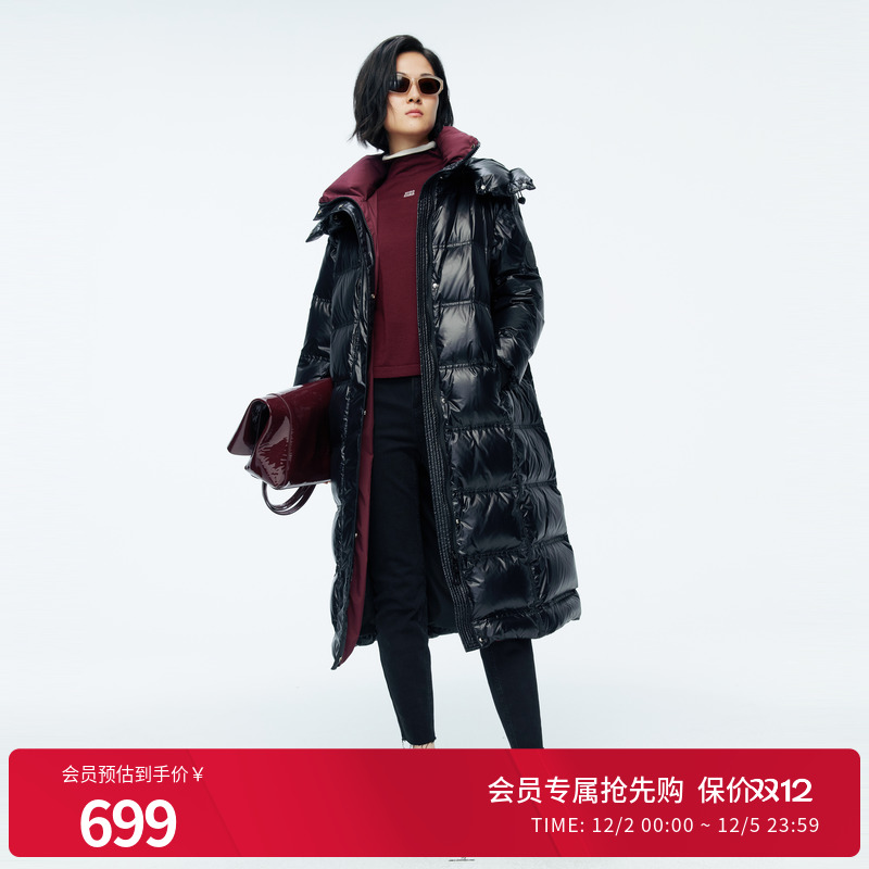 婉甸2025年冬季新品黑色长款连帽女保暖高充绒羽绒服1244D41SX5