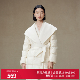 婉甸2025年冬季 奶油白双面呢拼接系带中长女羽绒服1244D09ZY2 新品