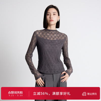 婉甸秋季岩石灰蕾丝长袖半高领镂空褶皱上衣1243I03DM4