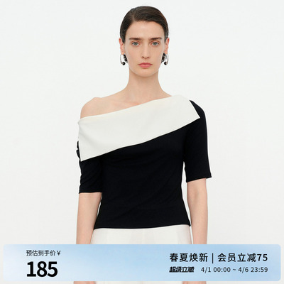 婉甸2026夏季新品黑白色拼接短袖修身型一字领女士T恤1252T09JD3