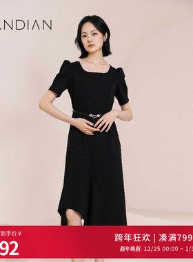 婉甸黑色连衣裙夏季新品大领口气质显瘦腰带修饰1232N09RS1