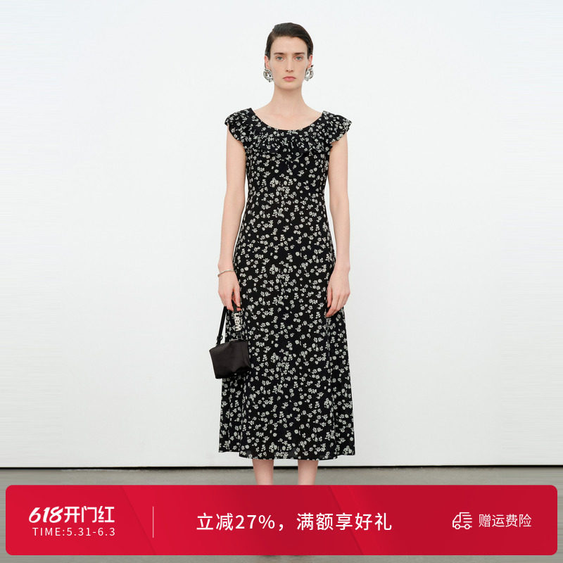 婉甸2026夏季新黑底华影流年优雅短袖A字裙花色连衣裙1252N52XRB