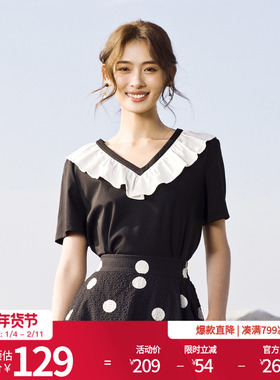 婉甸2025夏季新品黑色拼接短袖T恤1242T16RS3