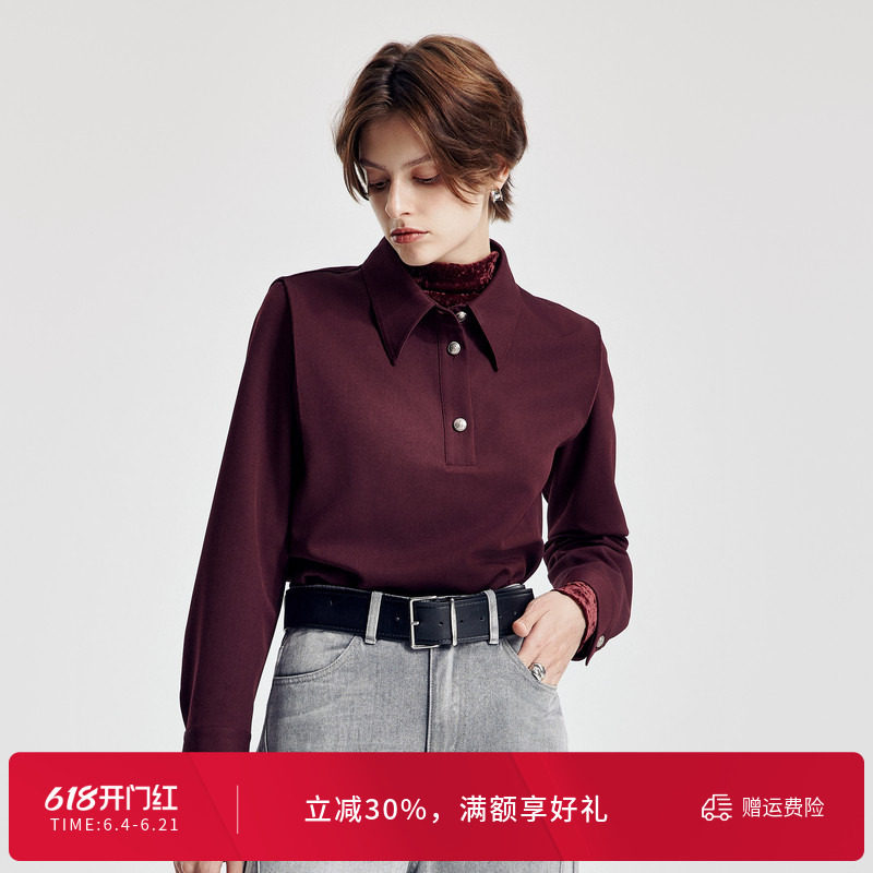 婉甸2026春绛红色套头上衣西装领女内搭衬衫休闲外套1251S02YJ1