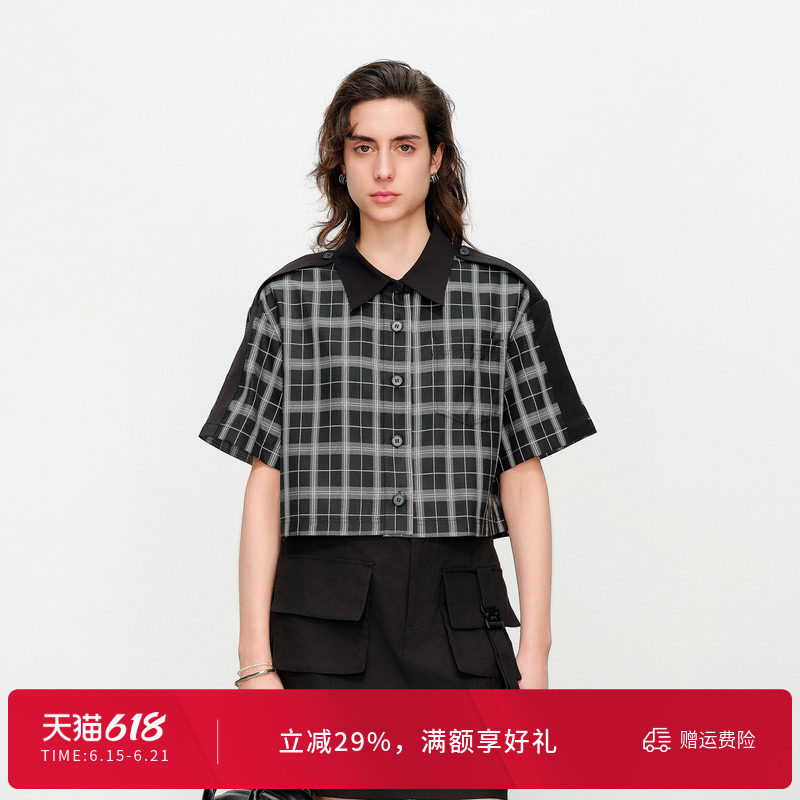 婉甸夏季黑色格形短款单外套1242O01SX1
