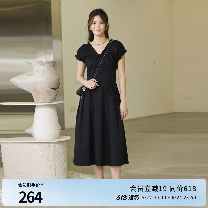 婉甸夏季黑色短袖连衣裙1242N07RS2