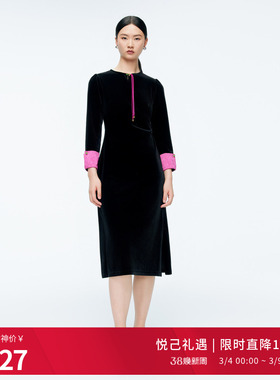 婉甸2025年冬季新品黑色拼接丝绒优雅连衣裙1244N01DM1