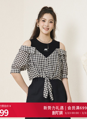 婉甸2025夏季新品黑白格纹假两件上衣套头衬衫1242S02RS2