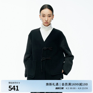 黑色双面呢拼接外套羊毛毛呢新中式 1244E07DM2 新品 婉甸2025年冬季