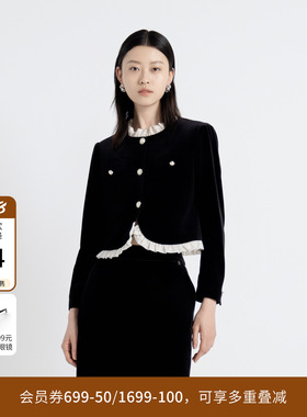 婉甸秋季丝绒璀璨闪耀丝绒拼接外套小香风1243O09RJ3
