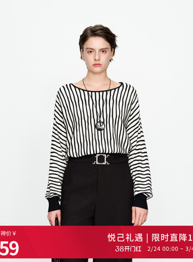 婉甸2025黑白条纹蝙蝠袖套头衫优雅风针织衫1241W20MS2