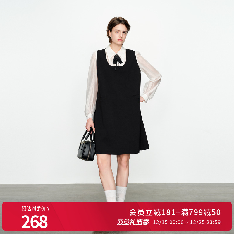 婉甸黑白拼接长袖连衣裙