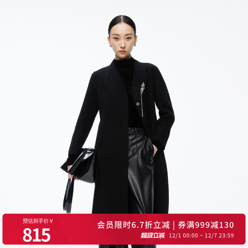 婉甸2025年冬季新品黑色双面呢轻奢毛呢外套大衣女1244C03DM2