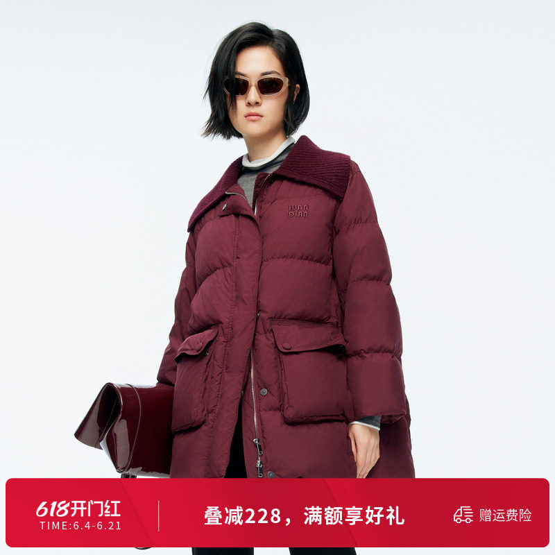 婉甸冬季披肩毛织领宽松保暖中长款羽绒服女1244D12GS3