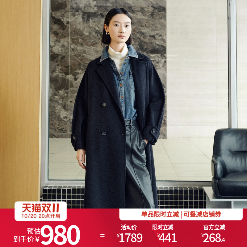 婉甸2025年冬季新品黑色双面呢中长款保暖大衣毛呢外套1244C06DM2