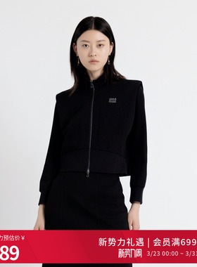 婉甸2025年秋季新品黑色拉链运动风长袖翻领式收腰外套1243O04GL2