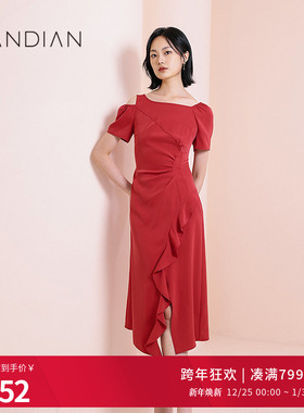 婉甸正红色短袖连衣裙夏季新显瘦开叉荷叶边不规则抽皱1232N31RJC