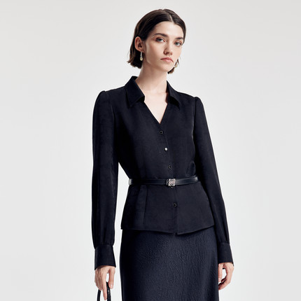 婉甸2026春新品黑提花上衣X型系腰带长袖聚会通勤外套1251S07ZY1