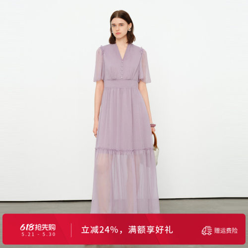 柔雾紫顺纡绉连衣裙